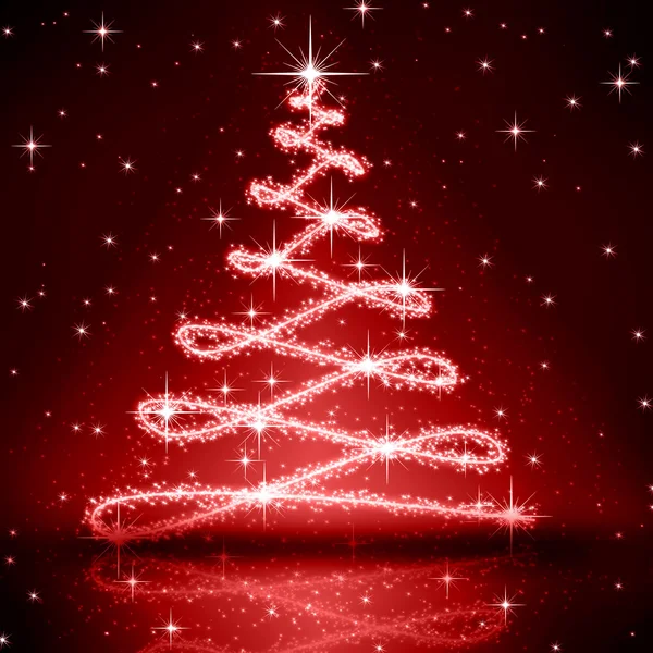 赤いクリスマス ツリー、美しい雪の結晶と輝く星 — ストック写真