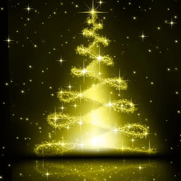 Goldener Weihnachtsbaum, schöne Schneeflocken und leuchtende Sterne — Stockfoto