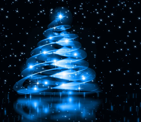 Modrý vánoční strom, krásné sněhové vločky a zářící hvězdy — Stock fotografie