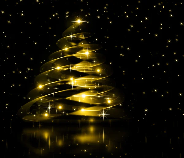 Різдвяна золота ялинка, красиві сніжинки і сяючі зірки — стокове фото