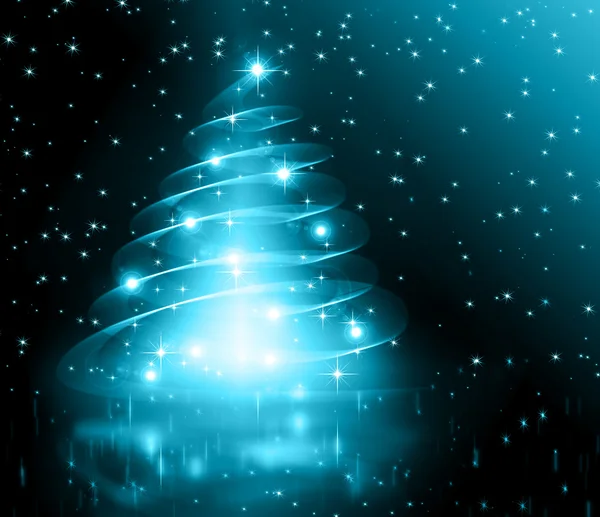 青いクリスマス ツリー、美しい雪の結晶と輝く星 — ストック写真