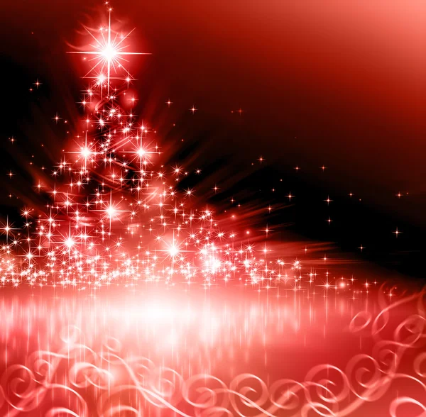 Julgran röda, vackra snöflingor och lysande stjärnor — Stockfoto