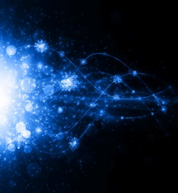 Snowflakes and stars shining descending on blue background. Christmas star