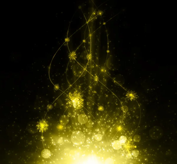 Copos de nieve y estrellas brillando descendiendo sobre fondo dorado. Estrella de Navidad — Foto de Stock