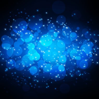 Snowflakes and stars shining descending on blue background. Christmas star