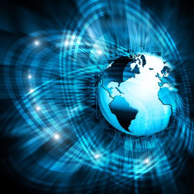 En iyi Internet kavramı. Küre, teknolojik arka plan üzerinde parlak çizgiler. Elektronik, Wi-Fi, ışınları, simge Internet, televizyon, telefon ve uydu iletişim
