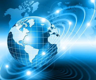Global iş dünyasının en iyi internet kavramı. Küre, teknolojik arka planda parlayan çizgiler. Elektronik, Wi-Fi, ışınları, sembolleri İnternet, televizyon, mobil ve uydu iletişimi