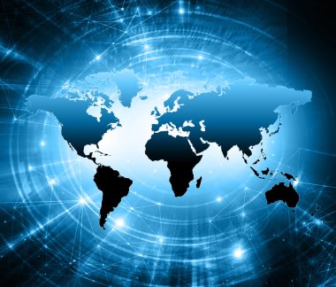 Dünya Haritası üzerinde teknolojik bir arka plan, parlak çizgiler semboller Internet, radyo, televizyon, telefon ve uydu iletişim.