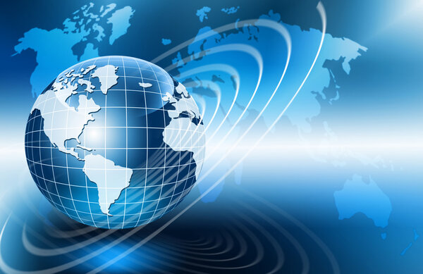 Лучший интернет-проект глобального бизнеса. Глобус, светящиеся линии на технологическом фоне. Электроника, Wi-Fi, лучи, символы Интернет, телевидение, мобильная и спутниковая связь
