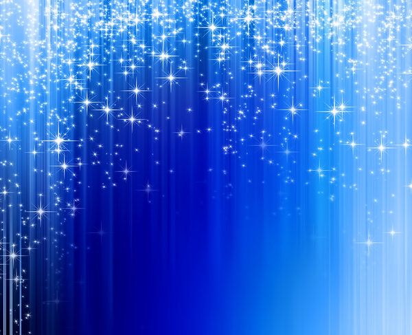 Snowflakes and stars blue shining descending on background