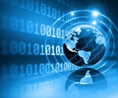 Global iş dünyasının en iyi internet kavramı. Küre, teknolojik arka planda parlayan çizgiler. Elektronik, Wi-Fi, ışınları, sembolleri İnternet, televizyon, mobil ve uydu iletişimi