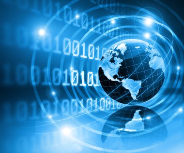 Global iş dünyasının en iyi internet kavramı. Küre, teknolojik arka planda parlayan çizgiler. Elektronik, Wi-Fi, ışınları, sembolleri İnternet, televizyon, mobil ve uydu iletişimi