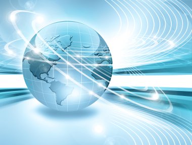 Global iş dünyasının en iyi internet kavramı. Küre, teknolojik arka planda parlayan çizgiler. Elektronik, Wi-Fi, ışınları, sembolleri İnternet, televizyon, mobil ve uydu iletişimi