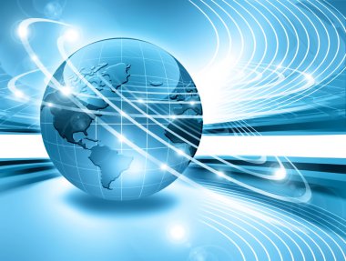 Global iş dünyasının en iyi internet kavramı. Küre, teknolojik arka planda parlayan çizgiler. Elektronik, Wi-Fi, ışınları, sembolleri İnternet, televizyon, mobil ve uydu iletişimi
