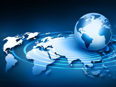 Global iş dünyasının en iyi internet kavramı. Küre, teknolojik arka planda parlayan çizgiler. Elektronik, Wi-Fi, ışınları, sembolleri İnternet, televizyon, mobil ve uydu iletişimi