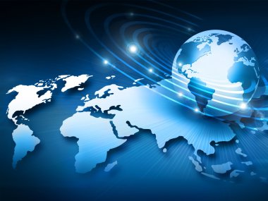 Global iş dünyasının en iyi internet kavramı. Küre, teknolojik arka planda parlayan çizgiler. Elektronik, Wi-Fi, ışınları, sembolleri İnternet, televizyon, mobil ve uydu iletişimi