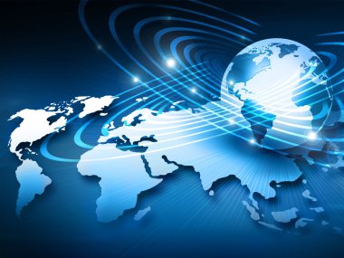 Global iş dünyasının en iyi internet kavramı. Küre, teknolojik arka planda parlayan çizgiler. Elektronik, Wi-Fi, ışınları, sembolleri İnternet, televizyon, mobil ve uydu iletişimi