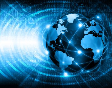 Global iş dünyasının en iyi internet kavramı. Küre, teknolojik arka planda parlayan çizgiler. Elektronik, Wi-Fi, ışınları, sembolleri İnternet, televizyon, mobil ve uydu iletişimi