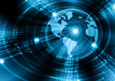 Global iş dünyasının en iyi internet kavramı. Küre, teknolojik arka planda parlayan çizgiler. Elektronik, Wi-Fi, ışınları, sembolleri İnternet, televizyon, mobil ve uydu iletişimi