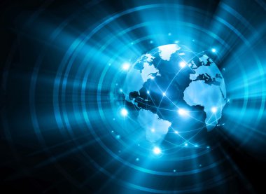 Global iş dünyasının en iyi internet kavramı. Küre, teknolojik arka planda parlayan çizgiler. Elektronik, Wi-Fi, ışınları, sembolleri İnternet, televizyon, mobil ve uydu iletişimi