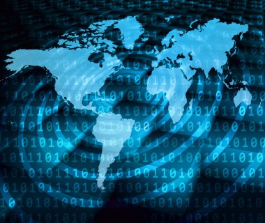 Dünya Haritası üzerinde teknolojik bir arka plan, parlak çizgiler semboller Internet, radyo, televizyon, telefon ve uydu iletişim.