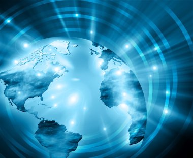 Global iş dünyasının en iyi internet kavramı. Küre, teknolojik arka planda parlayan çizgiler. Elektronik, Wi-Fi, ışınları, sembolleri İnternet, televizyon, mobil ve uydu iletişimi