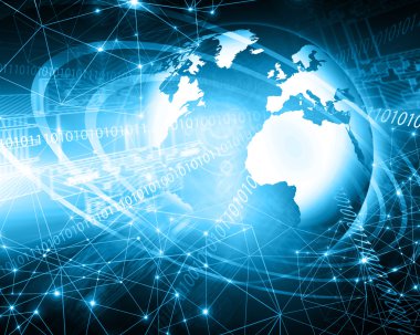 Global iş dünyasının en iyi internet kavramı. Küre, teknolojik arka planda parlayan çizgiler. Elektronik, Wi-Fi, ışınları, sembolleri İnternet, televizyon, mobil ve uydu iletişimi