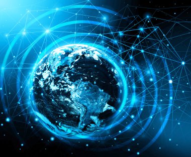 Global iş dünyasının en iyi internet kavramı. Küre, teknolojik arka planda parlayan çizgiler. Elektronik, Wi-Fi, ışınları, sembolleri İnternet, televizyon, mobil ve uydu iletişimi