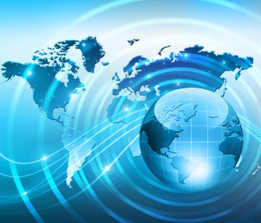 Global iş dünyasının en iyi internet kavramı. Küre, teknolojik arka planda parlayan çizgiler. Elektronik, Wi-Fi, ışınları, sembolleri İnternet, televizyon, mobil ve uydu iletişimi