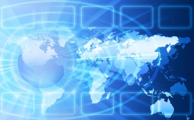 Dünya Haritası üzerinde teknolojik bir arka plan, parlak çizgiler semboller Internet, radyo, televizyon, telefon ve uydu iletişim.