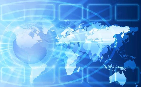 Mapa del mundo sobre un fondo tecnológico, líneas luminosas símbolos de Internet, radio, televisión, comunicaciones móviles y por satélite . —  Fotos de Stock