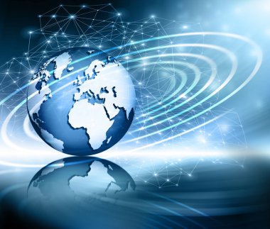 Global iş dünyasının en iyi internet kavramı. Küre, teknolojik arka planda parlayan çizgiler. Elektronik, Wi-Fi, ışınları, sembolleri İnternet, televizyon, mobil ve uydu iletişimi