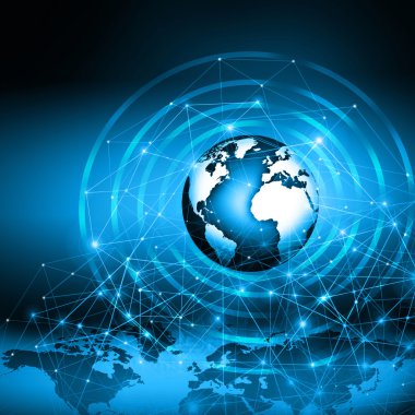 Global iş dünyasının en iyi internet kavramı. Küre, teknolojik arka planda parlayan çizgiler. Elektronik, Wi-Fi, ışınları, sembolleri İnternet, televizyon, mobil ve uydu iletişimi