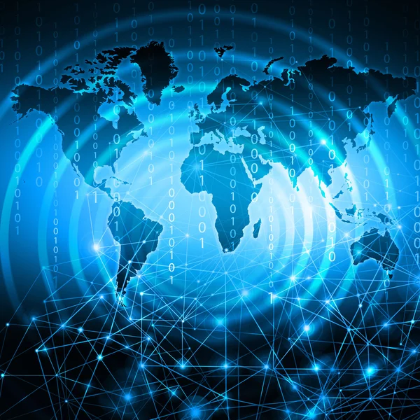 衛星通信、インターネット、ラジオ、テレビ、携帯電話の白熱の線記号技術背景上の世界地図. — ストック写真