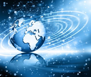 Global iş dünyasının en iyi internet kavramı. Küre, teknolojik arka planda parlayan çizgiler. Elektronik, Wi-Fi, ışınları, sembolleri İnternet, televizyon, mobil ve uydu iletişimi