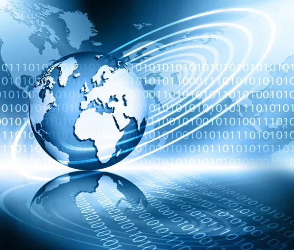 Mejor Concepto de Internet de los negocios globales. Globo, líneas brillantes en el fondo tecnológico. Electrónica, Wi-Fi, rayos, símbolos Internet, televisión, comunicaciones móviles y por satélite —  Fotos de Stock