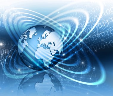 Global iş dünyasının en iyi internet kavramı. Küre, teknolojik arka planda parlayan çizgiler. Elektronik, Wi-Fi, ışınları, sembolleri İnternet, televizyon, mobil ve uydu iletişimi