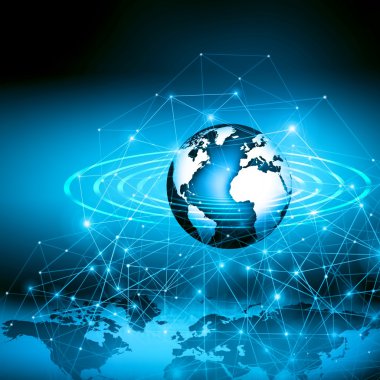 Global iş dünyasının en iyi internet kavramı. Küre, teknolojik arka planda parlayan çizgiler. Elektronik, Wi-Fi, ışınları, sembolleri İnternet, televizyon, mobil ve uydu iletişimi