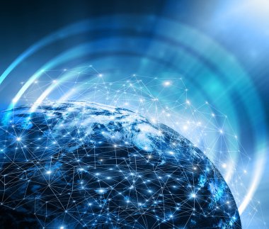 Dünya harita üzerinde teknolojik bir arka plan. En iyi Internet kavramı küresel iş. Nasa tarafından döşenmiş bu görüntü unsurları