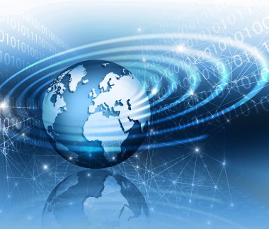 Global iş dünyasının en iyi internet kavramı. Küre, teknolojik arka planda parlayan çizgiler. Elektronik, Wi-Fi, ışınları, sembolleri İnternet, televizyon, mobil ve uydu iletişimi