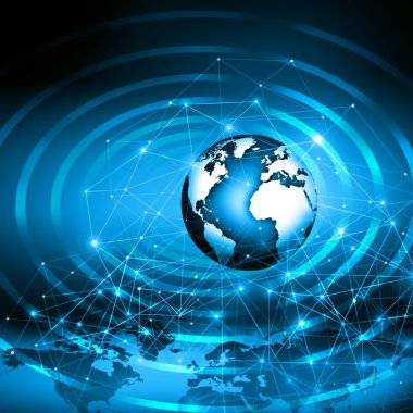 Global iş dünyasının en iyi internet kavramı. Küre, teknolojik arka planda parlayan çizgiler. Elektronik, Wi-Fi, ışınları, sembolleri İnternet, televizyon, mobil ve uydu iletişimi
