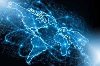 Dünya Haritası üzerinde teknolojik bir arka plan, parlak çizgiler semboller Internet, radyo, televizyon, telefon ve uydu iletişim.