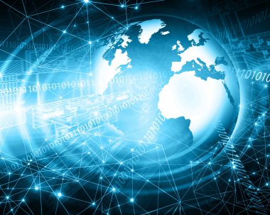 Global iş dünyasının en iyi internet kavramı. Küre, teknolojik arka planda parlayan çizgiler. Elektronik, Wi-Fi, ışınları, sembolleri İnternet, televizyon, mobil ve uydu iletişimi