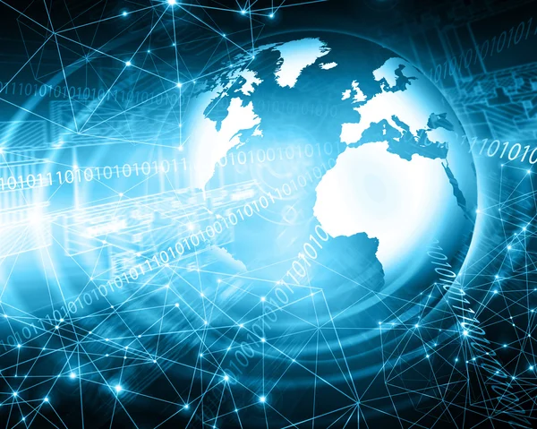 Mejor Concepto de Internet de los negocios globales. Globo, líneas brillantes en el fondo tecnológico. Electrónica, Wi-Fi, rayos, símbolos Internet, televisión, comunicaciones móviles y por satélite —  Fotos de Stock