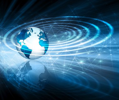 Global iş dünyasının en iyi internet kavramı. Küre, teknolojik arka planda parlayan çizgiler. Elektronik, Wi-Fi, ışınları, sembolleri İnternet, televizyon, mobil ve uydu iletişimi