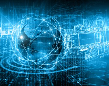 Global iş dünyasının en iyi internet kavramı. Küre, teknolojik arka planda parlayan çizgiler. Elektronik, Wi-Fi, ışınları, sembolleri İnternet, televizyon, mobil ve uydu iletişimi