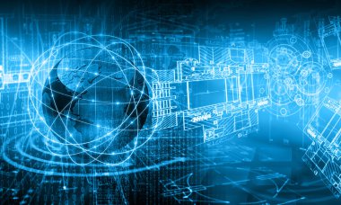 Global iş dünyasının en iyi internet kavramı. Küre, teknolojik arka planda parlayan çizgiler. Elektronik, Wi-Fi, ışınları, sembolleri İnternet, televizyon, mobil ve uydu iletişimi