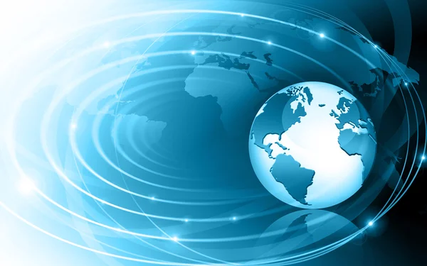 Miglior concetto Internet di business globale. Globe, linee luminose su sfondo tecnologico. Elettronica, Wi-Fi, raggi, simboli Internet, televisione, comunicazioni mobili e satellitari — Foto Stock