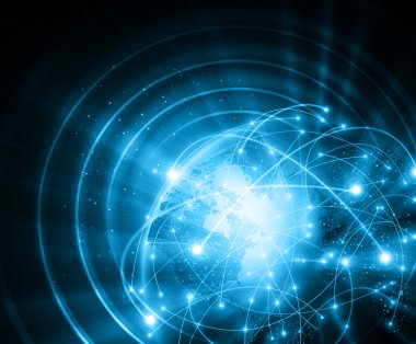 Global iş dünyasının en iyi internet kavramı. Küre, teknolojik arka planda parlayan çizgiler. Elektronik, Wi-Fi, ışınları, sembolleri İnternet, televizyon, mobil ve uydu iletişimi