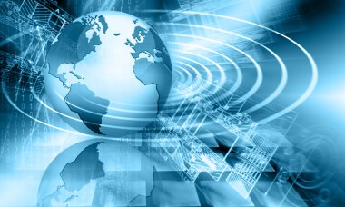 Global iş dünyasının en iyi internet kavramı. Küre, teknolojik arka planda parlayan çizgiler. Elektronik, Wi-Fi, ışınları, sembolleri İnternet, televizyon, mobil ve uydu iletişimi